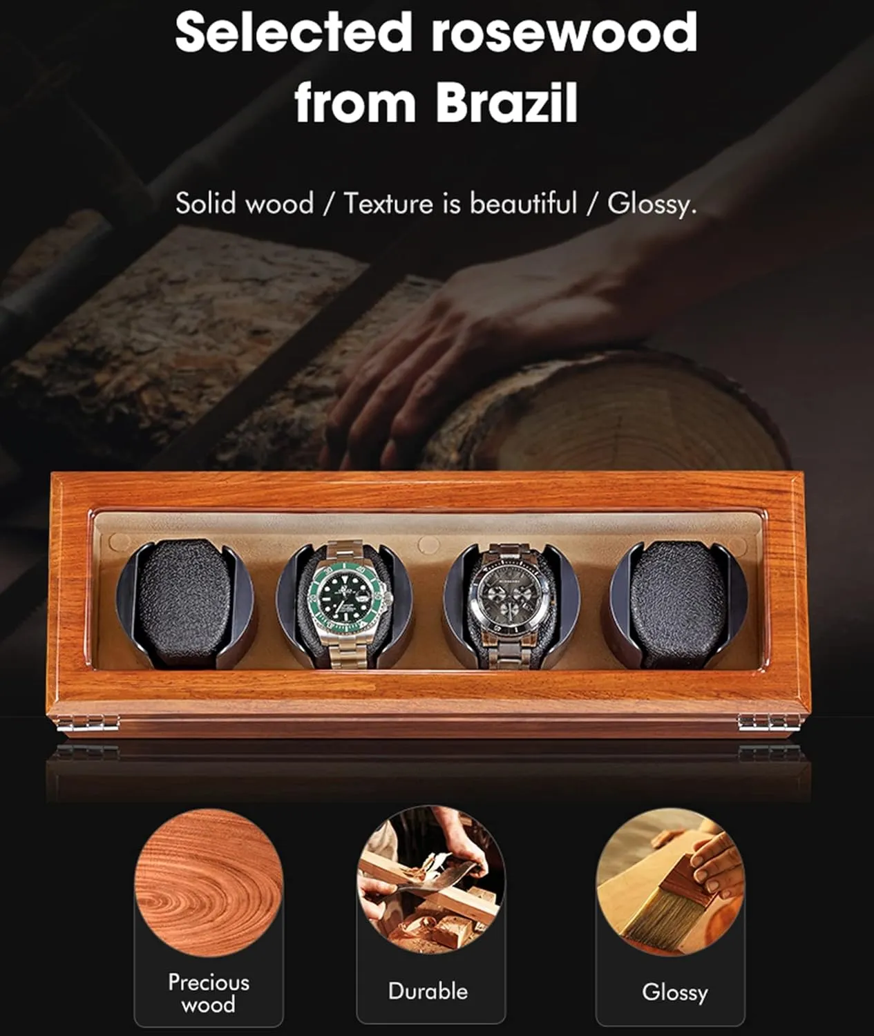 Motor Watch Winder Display Watch Box Case Watch Storage Automatic resistance illustrate Watch Winder for 4 Watches, Rosewood Self Winding Mechanical Watch Box Storage Display Case with Quiet 