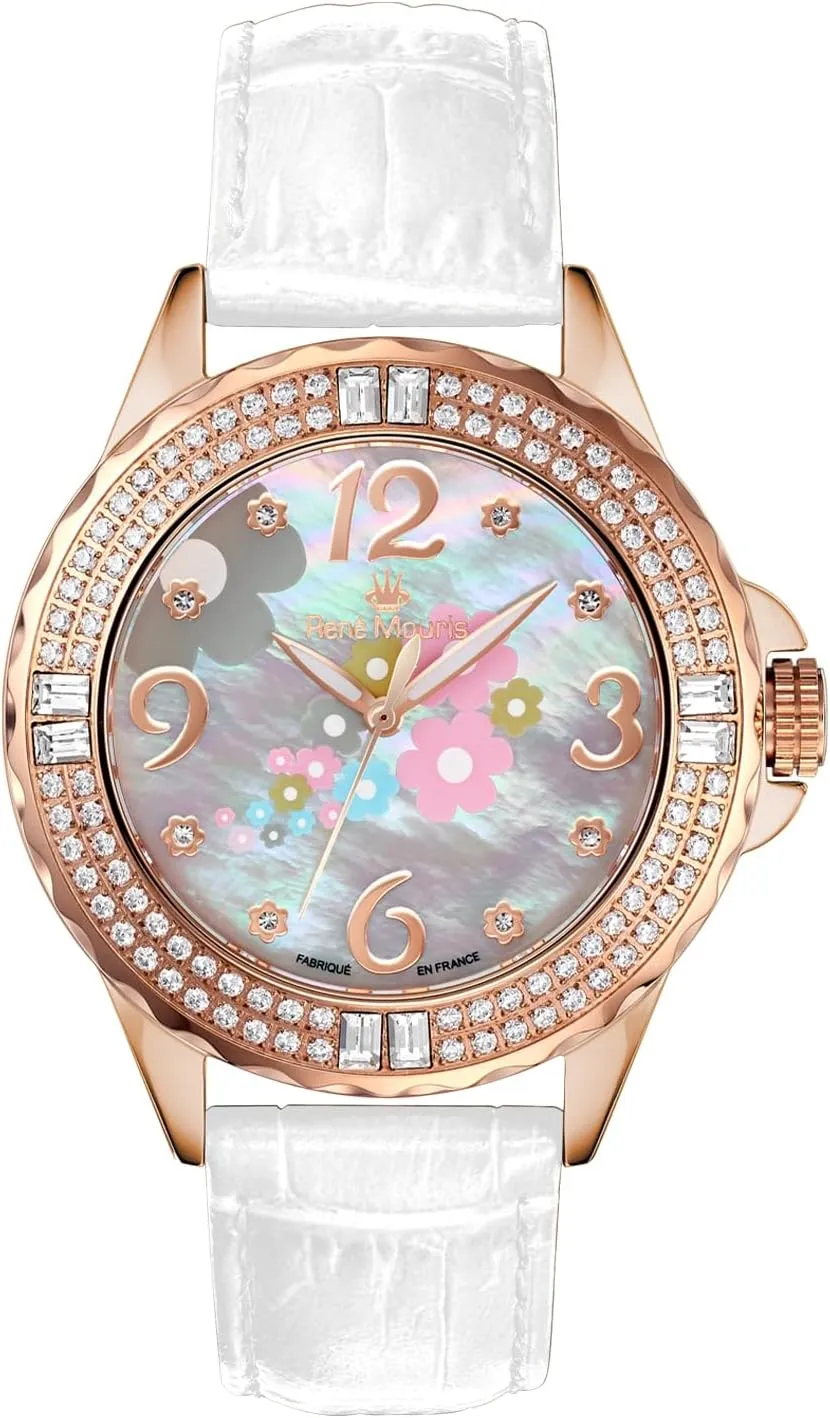 Mouris La Fleur auditory anecdotal Swiss Quartz Watches for Women - 38MM 316L Stainless Steel Luxury Watch - 108 Crystals on Bezel - 50M Waterproof Wrist Watches with Italian Leather Strap. Ren�� 