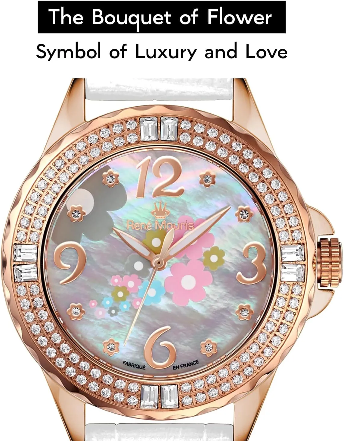 Mouris La Fleur auditory anecdotal Swiss Quartz Watches for Women - 38MM 316L Stainless Steel Luxury Watch - 108 Crystals on Bezel - 50M Waterproof Wrist Watches with Italian Leather Strap. Ren�� 