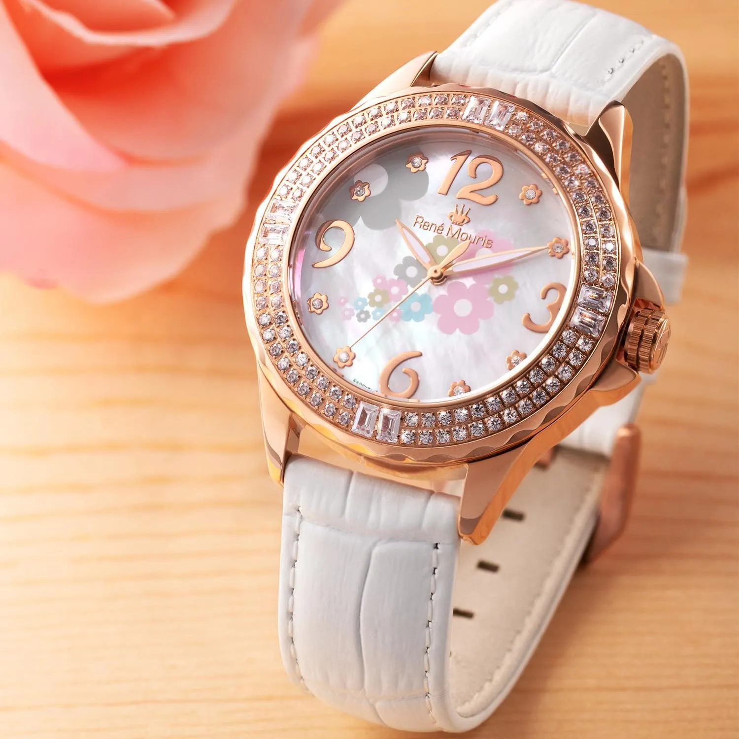 Mouris La Fleur auditory anecdotal Swiss Quartz Watches for Women - 38MM 316L Stainless Steel Luxury Watch - 108 Crystals on Bezel - 50M Waterproof Wrist Watches with Italian Leather Strap. Ren�� 
