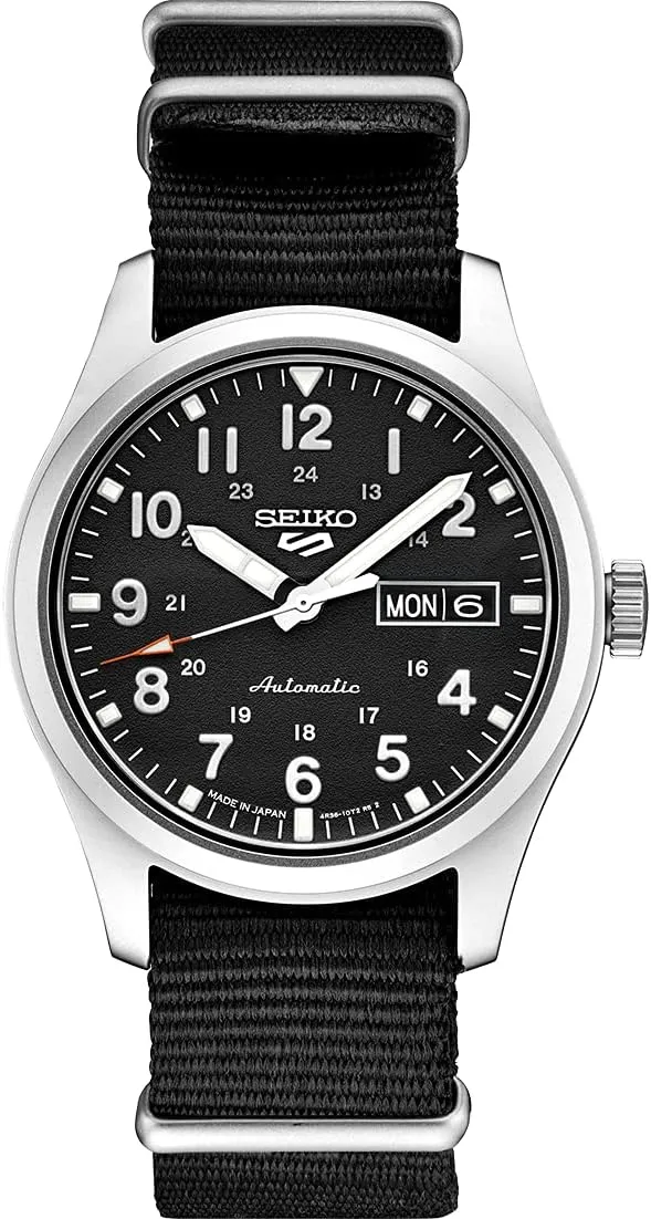 Movement, Black Dial, Stainless Steel hatch factual nail Case, Black Nylon Strap, 100m Water Resistant, and Day/Date Display SEIKO SRPG37 Watch for Men - 5 Sports - Automatic with Manual Winding 