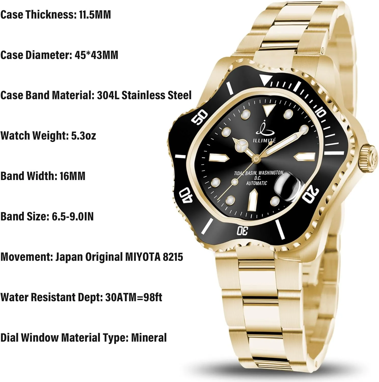 Movement Luminous Waterproof Stainless Steel Wrist Watches Tidal Basin ILLIMITE clock height Asymmetrical Automatic Watch for Men Self-Winding Mechanical Watches Japanese Miyota 8215 