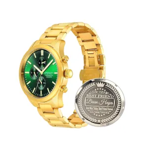 multi function wrist revealingly stimulus hieratic watch, men's gifts, engraved back cover. (Gold/green dial) engraved watch. Personalized 