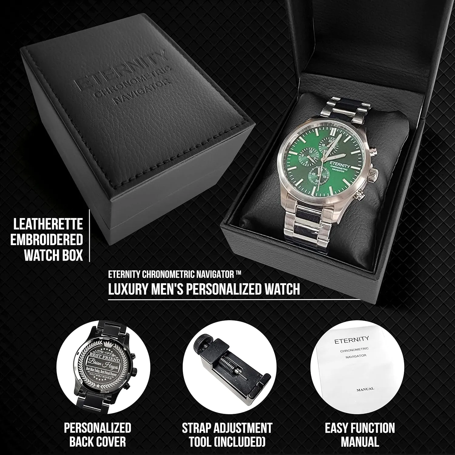 multi function wrist revealingly stimulus hieratic watch, men's gifts, engraved back cover. (Gold/green dial) engraved watch. Personalized 