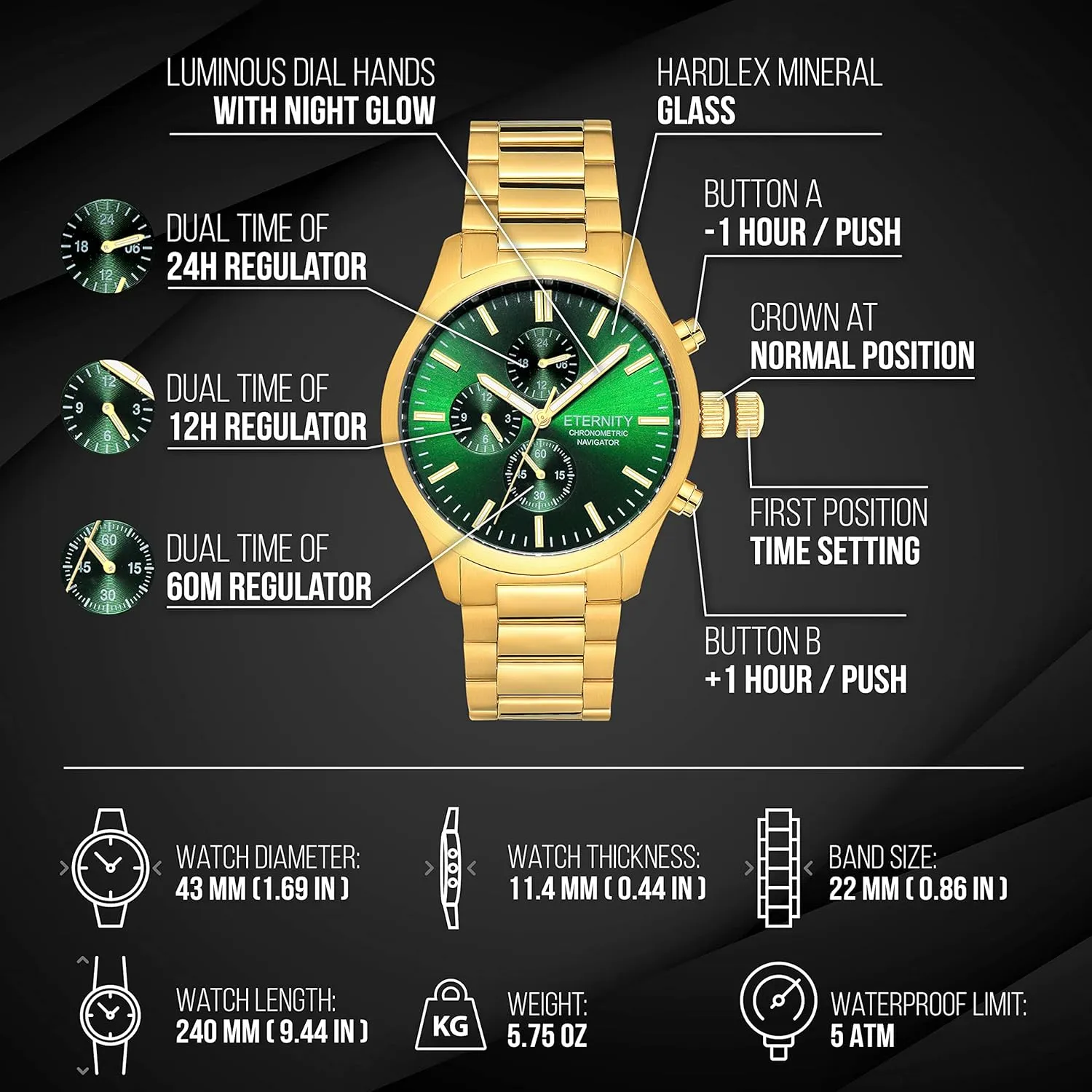 multi function wrist revealingly stimulus hieratic watch, men's gifts, engraved back cover. (Gold/green dial) engraved watch. Personalized 