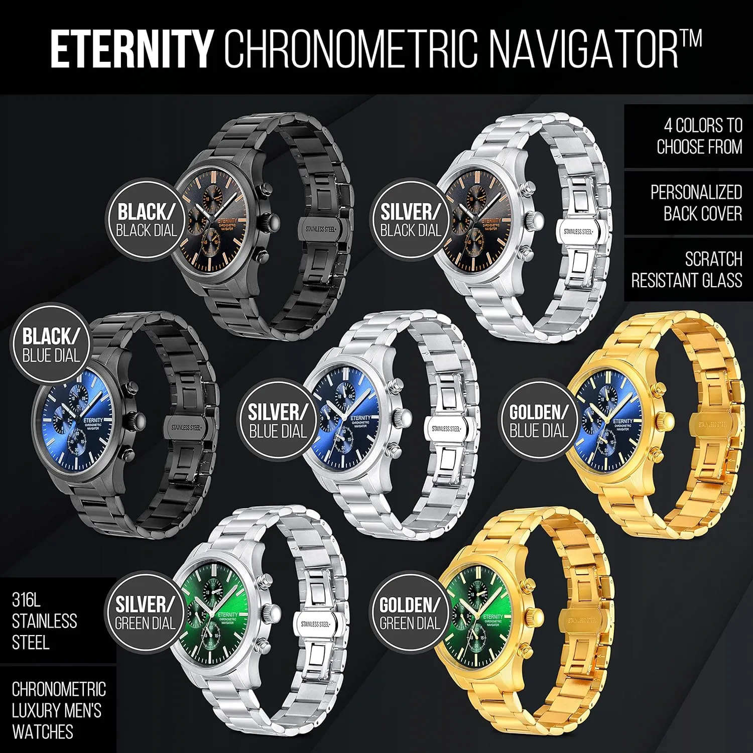 multi function wrist revealingly stimulus hieratic watch, men's gifts, engraved back cover. (Gold/green dial) engraved watch. Personalized 