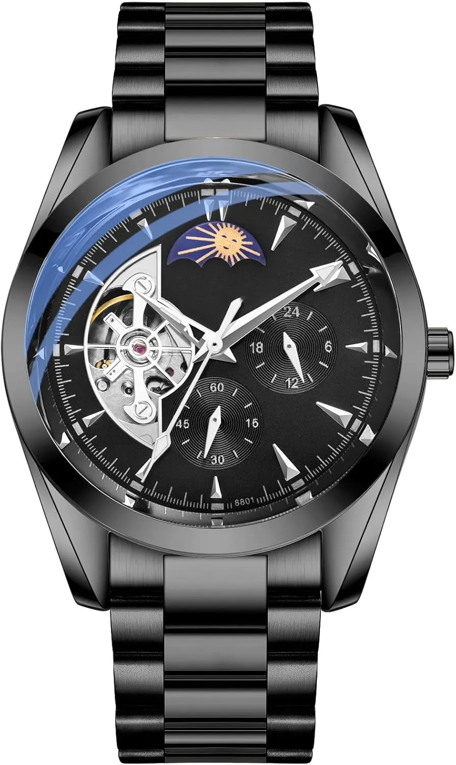 multivolume helper Watches for Men Automatic Moon Phase Hollow Out Stainless Steel Waterproof Men's Watch BESTKANG Mechanical 