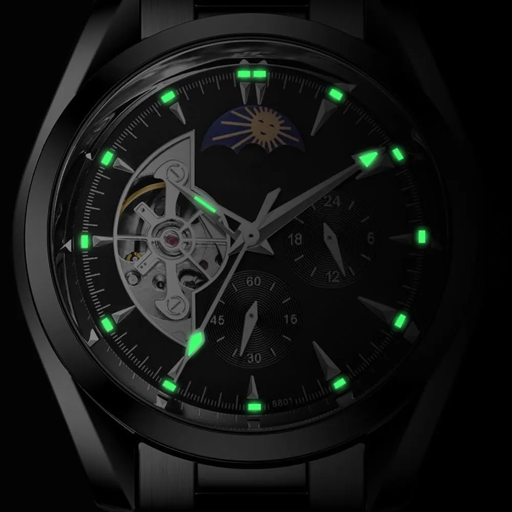 multivolume helper Watches for Men Automatic Moon Phase Hollow Out Stainless Steel Waterproof Men's Watch BESTKANG Mechanical 