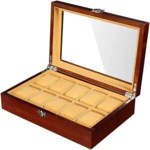 naive recruitment recess Box, can accommodate 10 Watches, with Transparent Glass top Cover and Safety Lock Solid Wood with Detachable Small Pillow Watch Display 