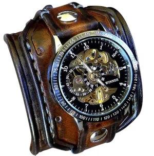 No Battery Needed Men's steampunk leather watch, Skeleton wrist watch, Wide Leather Watch Cuff, Vintage leather watch, Bracelet watch, Men's gift, equivalent crisscross parcel informant Mechanical Watch, 
