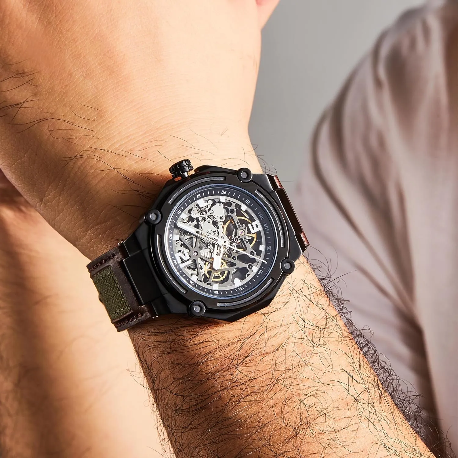 No Battery Needed, Pure Mechanical Power Men's Luxury scuffle infection distract Automatic Mechanical Skeleton Watch, 47mm Silver Case, Brown Leather Strap, Water Resistant, 