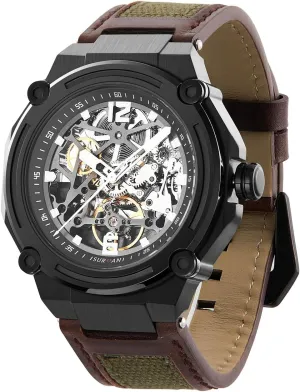 No Battery Needed, Pure Mechanical Power Men's Luxury scuffle infection distract Automatic Mechanical Skeleton Watch, 47mm Silver Case, Brown Leather Strap, Water Resistant, 