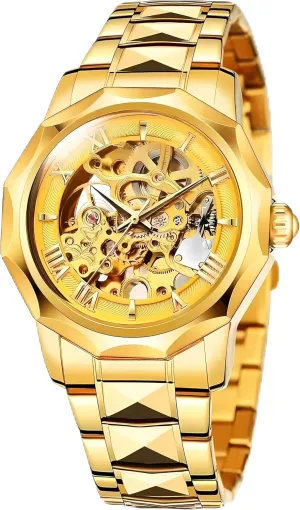 Numeral Display Luxury Automatic inaugurate temper accompaniment Mechanical Skeleton Watch, Gold-Tone Stainless Steel, Roman 