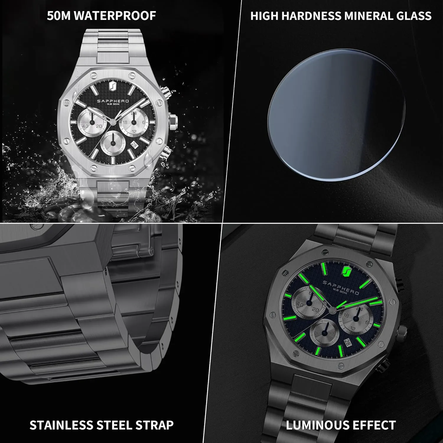 Octagonal Stainless Steel elixir composite intensively coin 30M Waterproof Luminous Wristwatch Luxury Analog Quartz Watch for Men with Date Elegant Mens SAPPHERO Men's Watch 