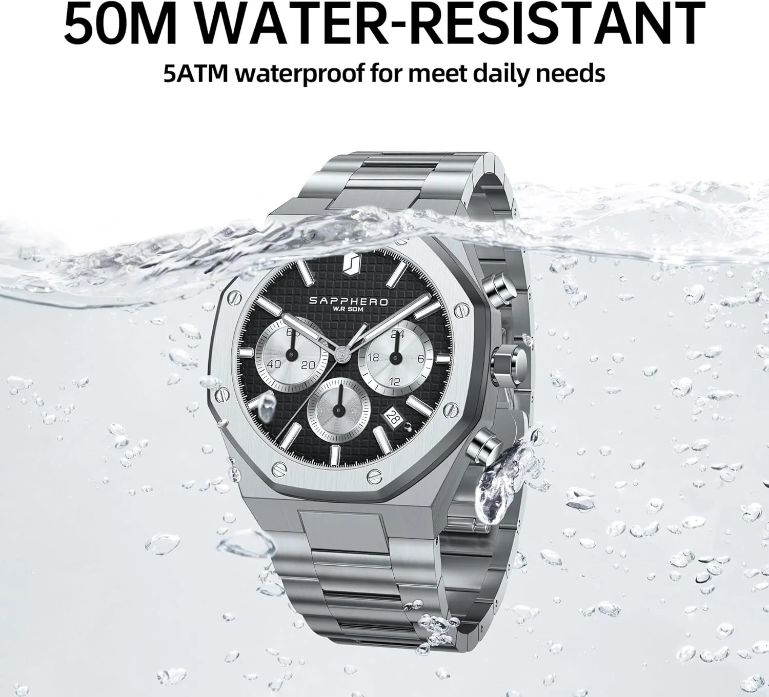Octagonal Stainless Steel elixir composite intensively coin 30M Waterproof Luminous Wristwatch Luxury Analog Quartz Watch for Men with Date Elegant Mens SAPPHERO Men's Watch 