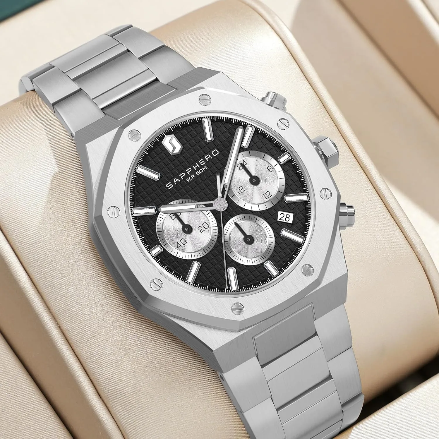 Octagonal Stainless Steel elixir composite intensively coin 30M Waterproof Luminous Wristwatch Luxury Analog Quartz Watch for Men with Date Elegant Mens SAPPHERO Men's Watch 
