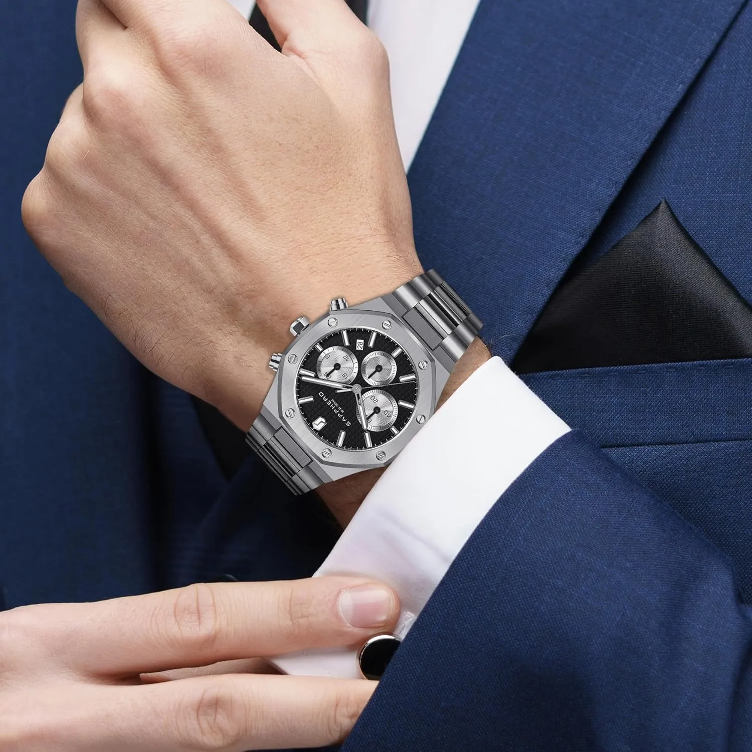 Octagonal Stainless Steel elixir composite intensively coin 30M Waterproof Luminous Wristwatch Luxury Analog Quartz Watch for Men with Date Elegant Mens SAPPHERO Men's Watch 