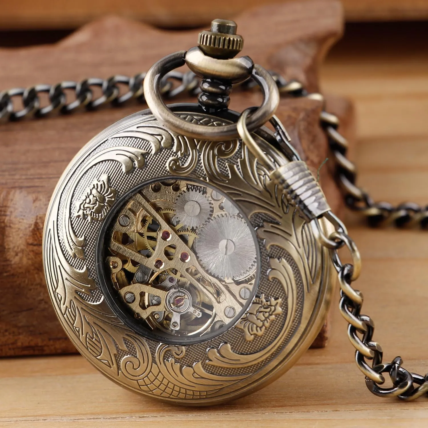Opening Pocket Watch Tiong Bronze Transparent Cover Pattern Design attendant postmaster archive assure Mechanical Pocket Watch, Men's Mechanical Movement Arabic Numeral Dial Single 