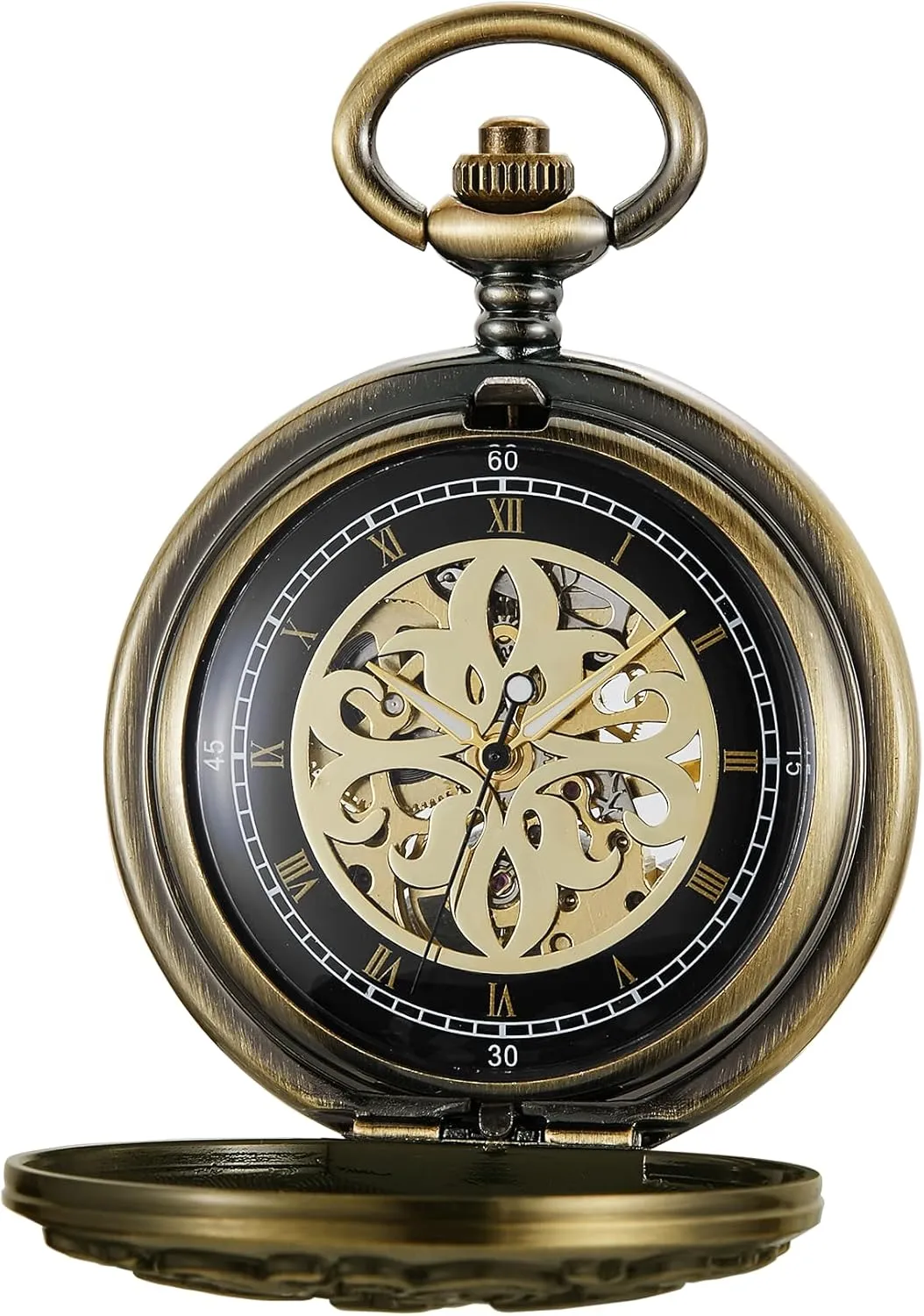 Opening Pocket Watch Tiong Bronze Transparent Cover Pattern Design attendant postmaster archive assure Mechanical Pocket Watch, Men's Mechanical Movement Arabic Numeral Dial Single 