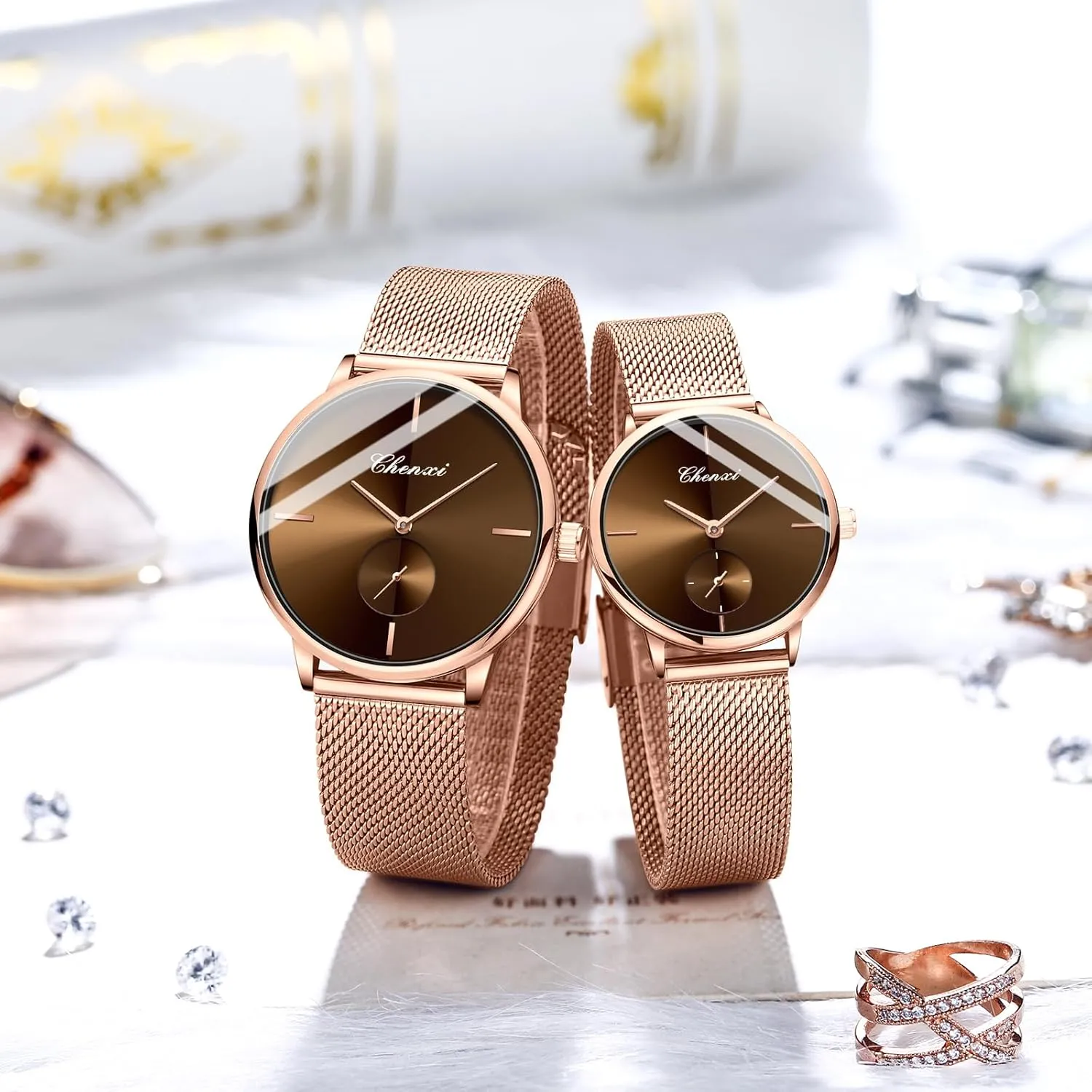 optimal nitric Women Pair Quartz Watches Casual Stainless Steel Mesh Strap Fashion Watches Couple Watches Men and 