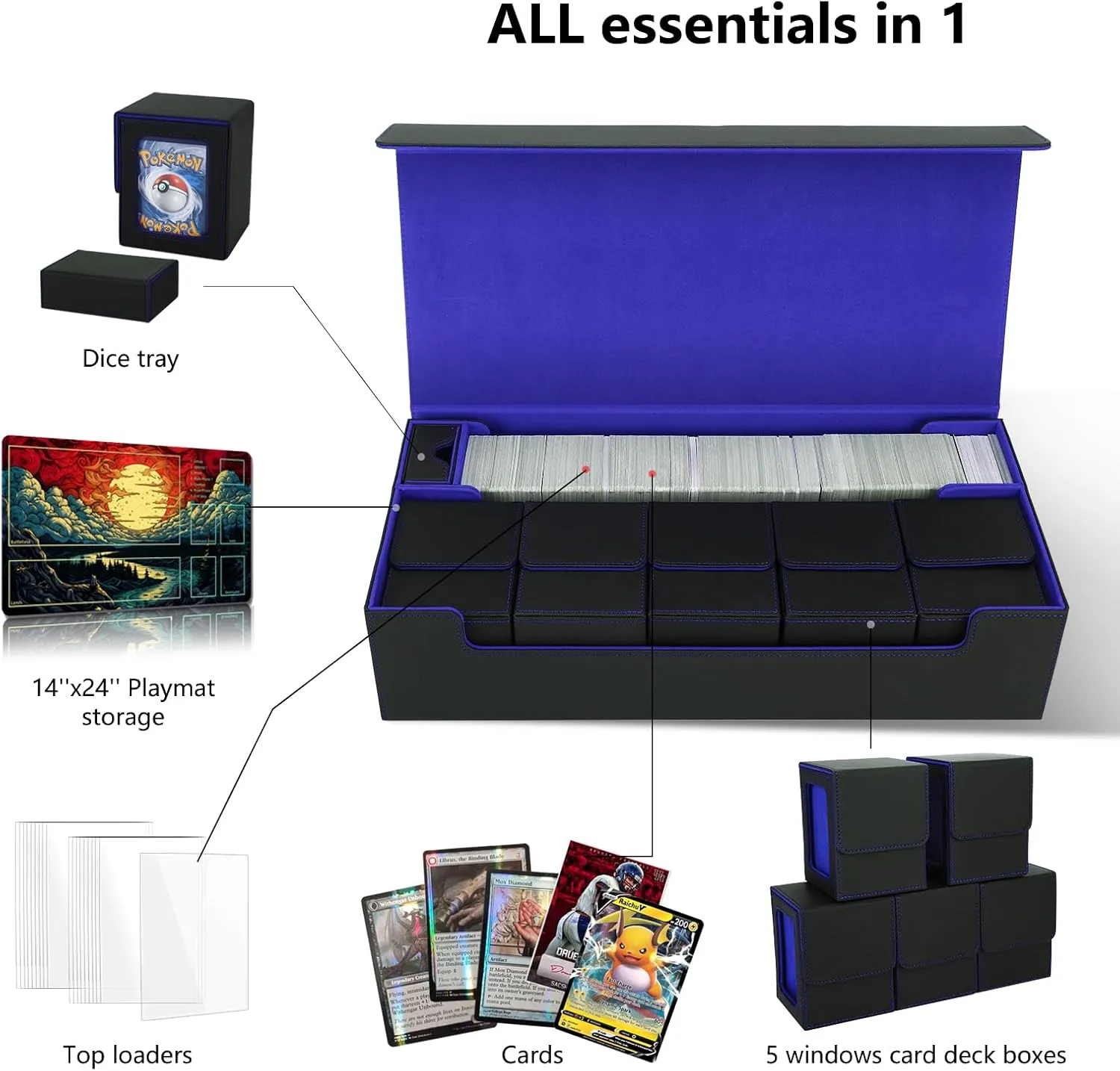 Or 1800  Sleeved Cards for MTG, subsidiary sometime YuGiOh, Uno, TCG, Trading Cards with Mat Case and Strong Magnet Closure (Black & Blue) MTG Card Storage Box TCG Deck Case Holds Fits 5 Windows Decks Card Box 