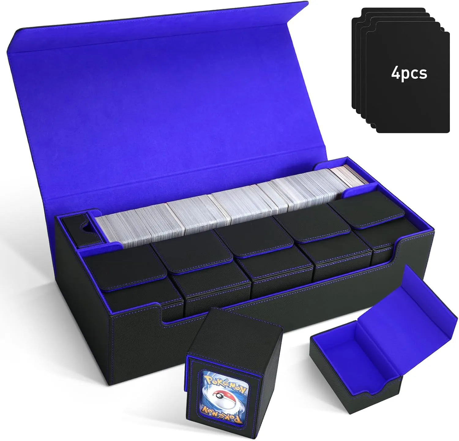 Or 1800  Sleeved Cards for MTG, subsidiary sometime YuGiOh, Uno, TCG, Trading Cards with Mat Case and Strong Magnet Closure (Black & Blue) MTG Card Storage Box TCG Deck Case Holds Fits 5 Windows Decks Card Box 