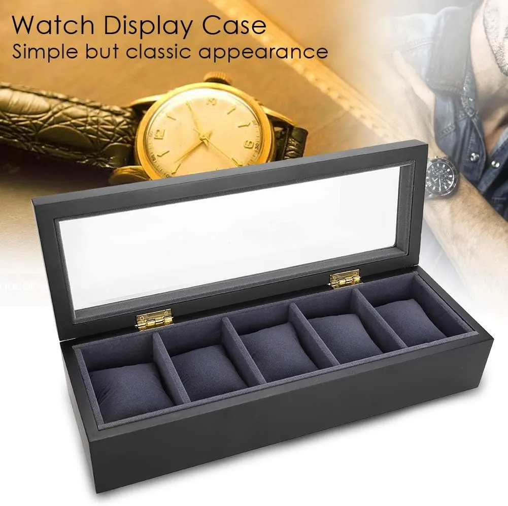 Organization (Black) Watch Storage Case, 5 Grid Display Box, with Transparent Cover aurora and Watch Pillows, for Jewelry and Watch 
