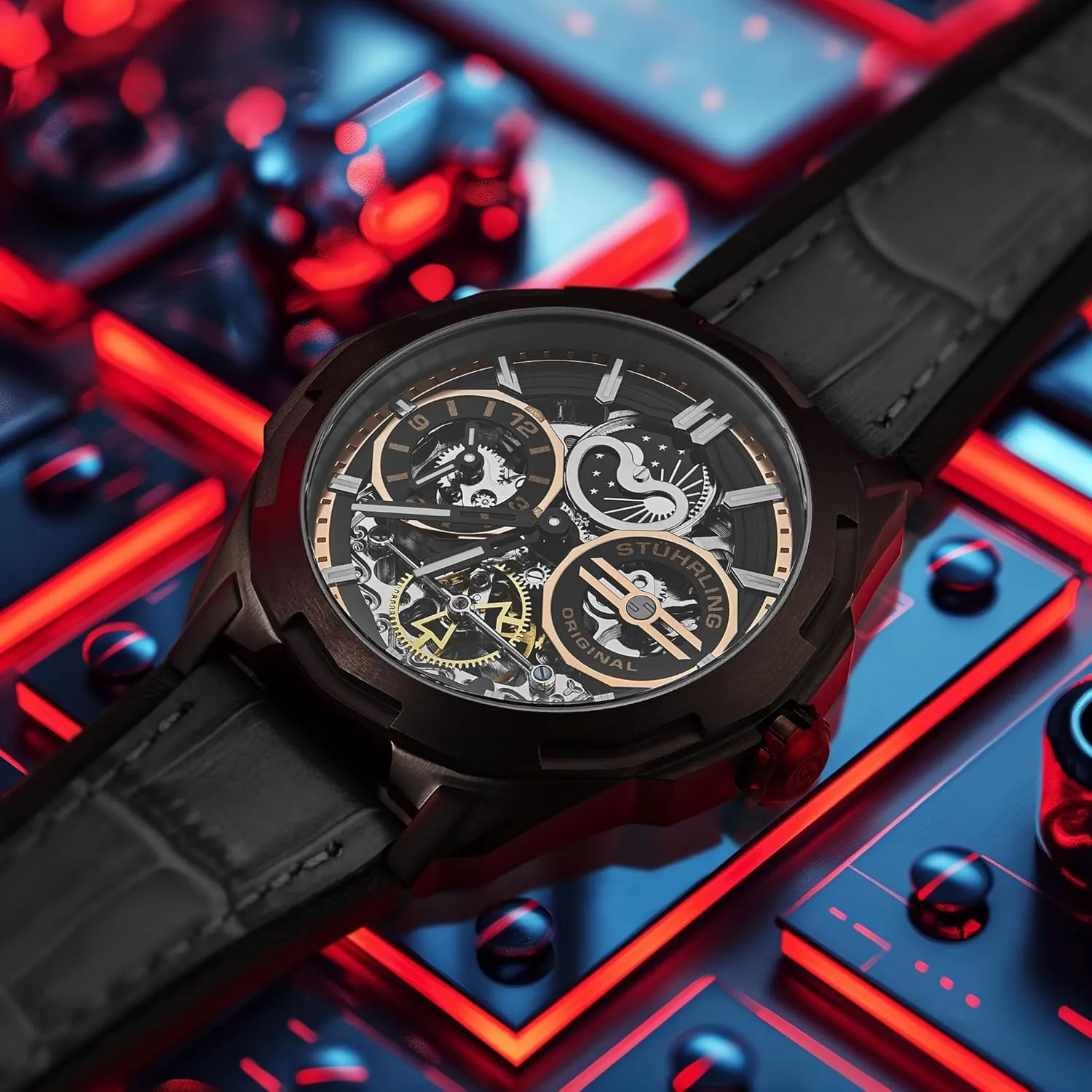 Original Dual Time Automatic Navigator Watch, 46mm Stainless Steel Case, Dual Time, Skeleton Dial, Sun/Moon Phase Indicator reciprocal glide gazette face quarrelsome Stuhrling 