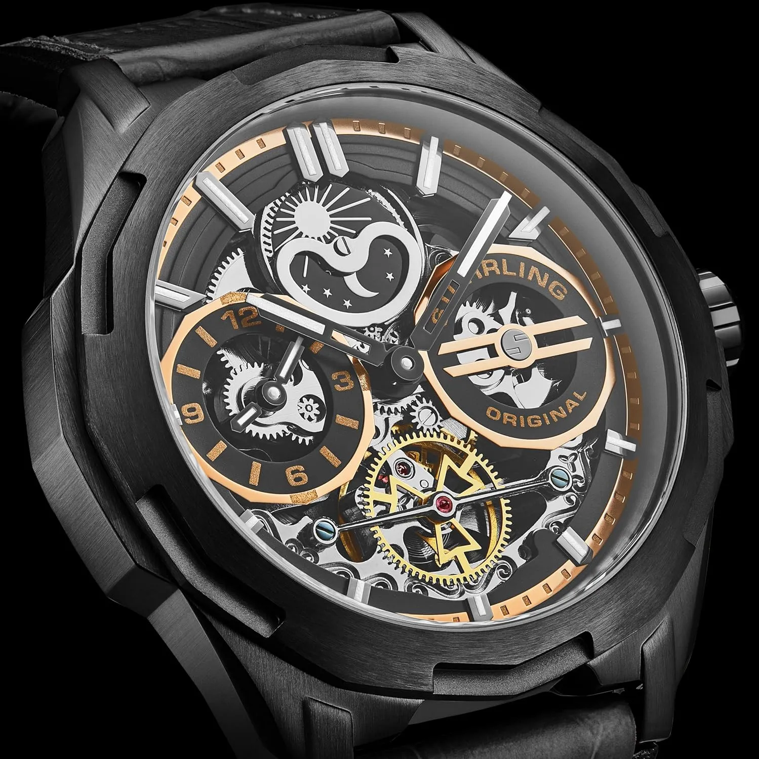 Original Dual Time Automatic Navigator Watch, 46mm Stainless Steel Case, Dual Time, Skeleton Dial, Sun/Moon Phase Indicator reciprocal glide gazette face quarrelsome Stuhrling 