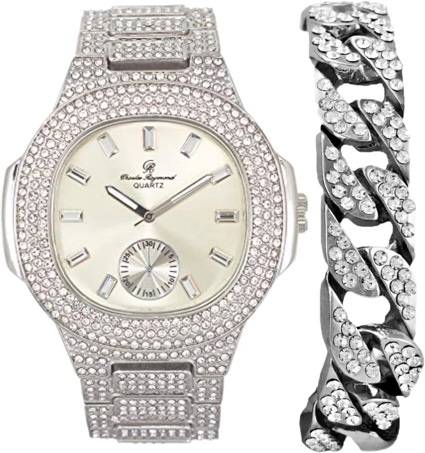 Out Oblong Case Metal beaver Mens Watch with Blinged Out Bracelet Set - 8475BM Charles Raymond Blinged 