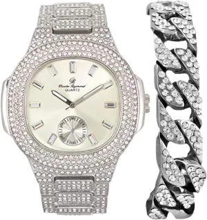 Out Oblong Case Metal beaver Mens Watch with Blinged Out Bracelet Set - 8475BM Charles Raymond Blinged 