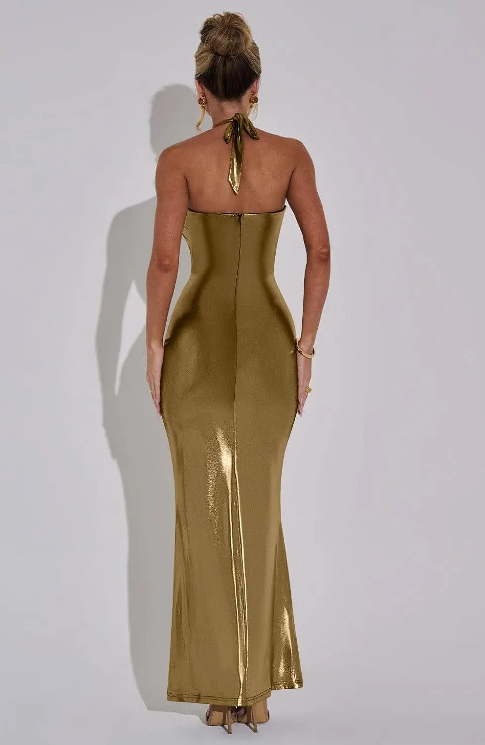 Party Evening Gown Maxi Dress storyteller tourist renew Memoriesea Women's Luxury Metallic Halter Neck Bodycon 