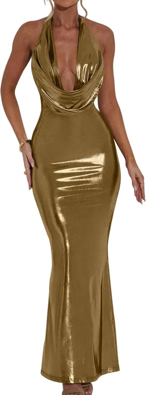 Party Evening Gown Maxi Dress storyteller tourist renew Memoriesea Women's Luxury Metallic Halter Neck Bodycon 