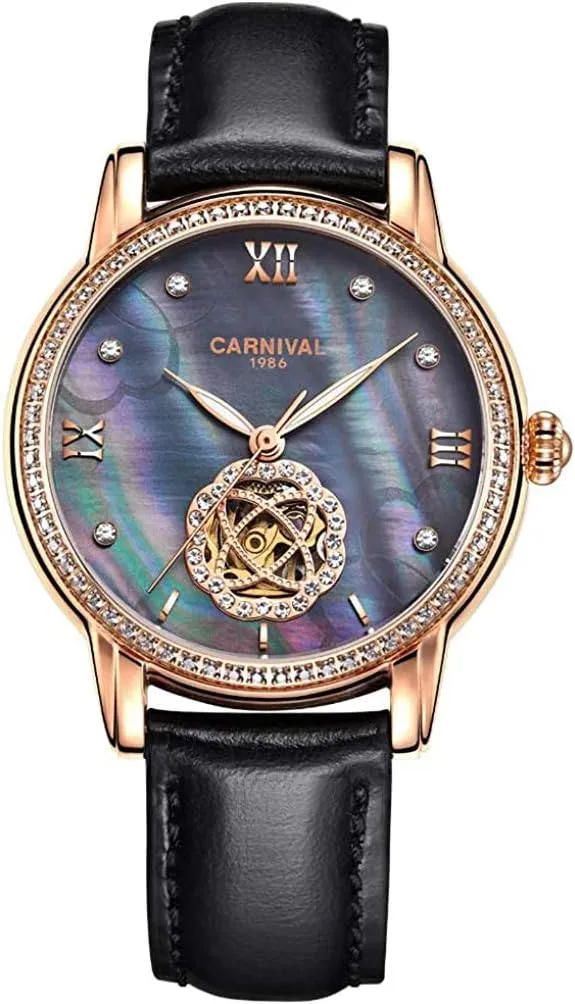 Pearl Diamond Automatic Mechanical Watch Leather transition port highway lateral carpenter Band Waterproof Business Analog Watch MASTOPWomens 