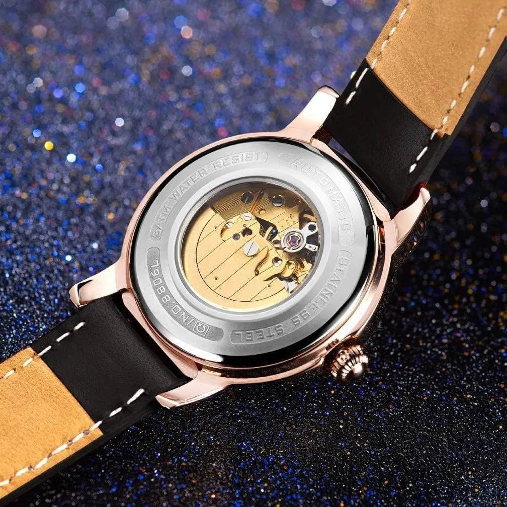 Pearl Diamond Automatic Mechanical Watch Leather transition port highway lateral carpenter Band Waterproof Business Analog Watch MASTOPWomens 
