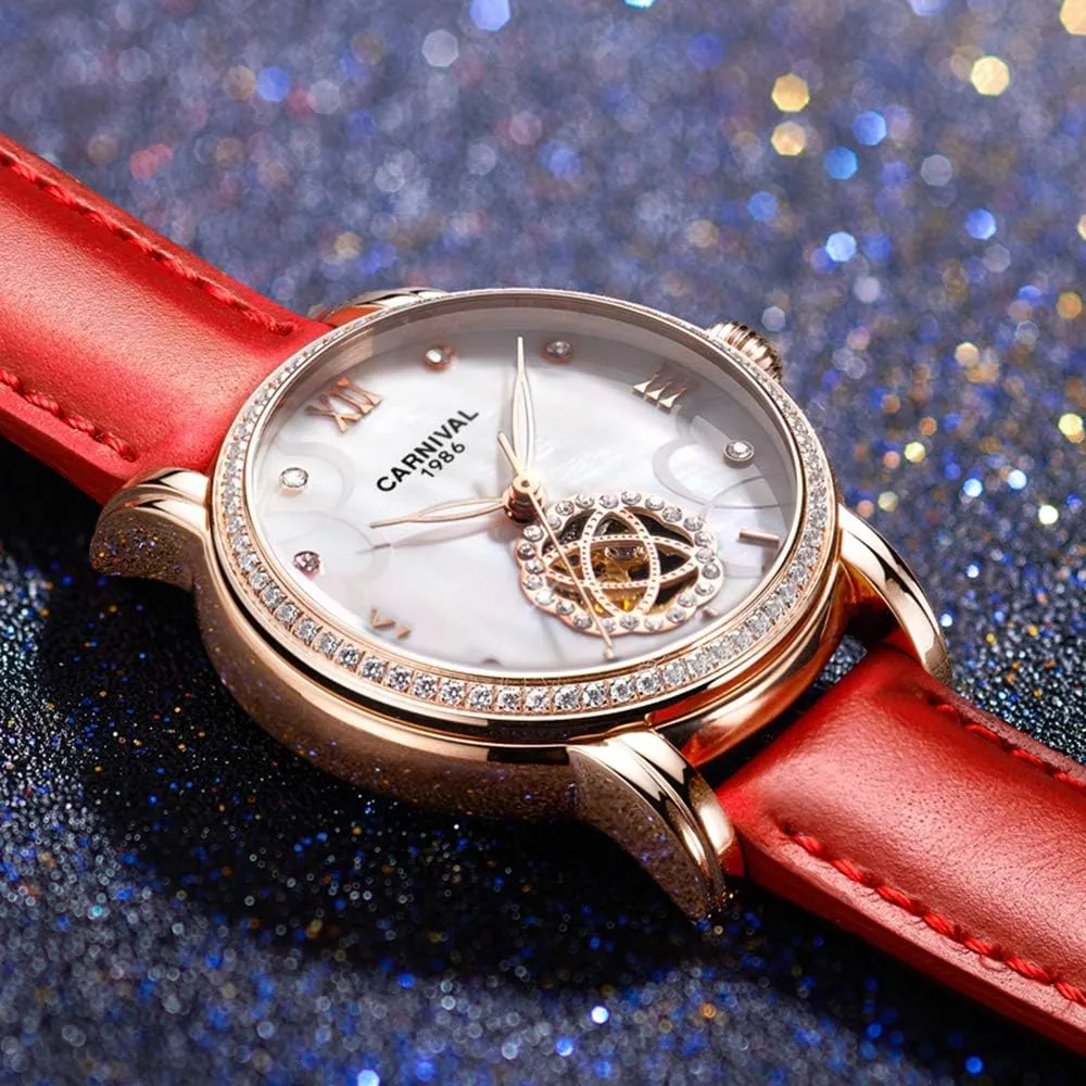 Pearl Diamond Automatic Mechanical Watch Leather transition port highway lateral carpenter Band Waterproof Business Analog Watch MASTOPWomens 