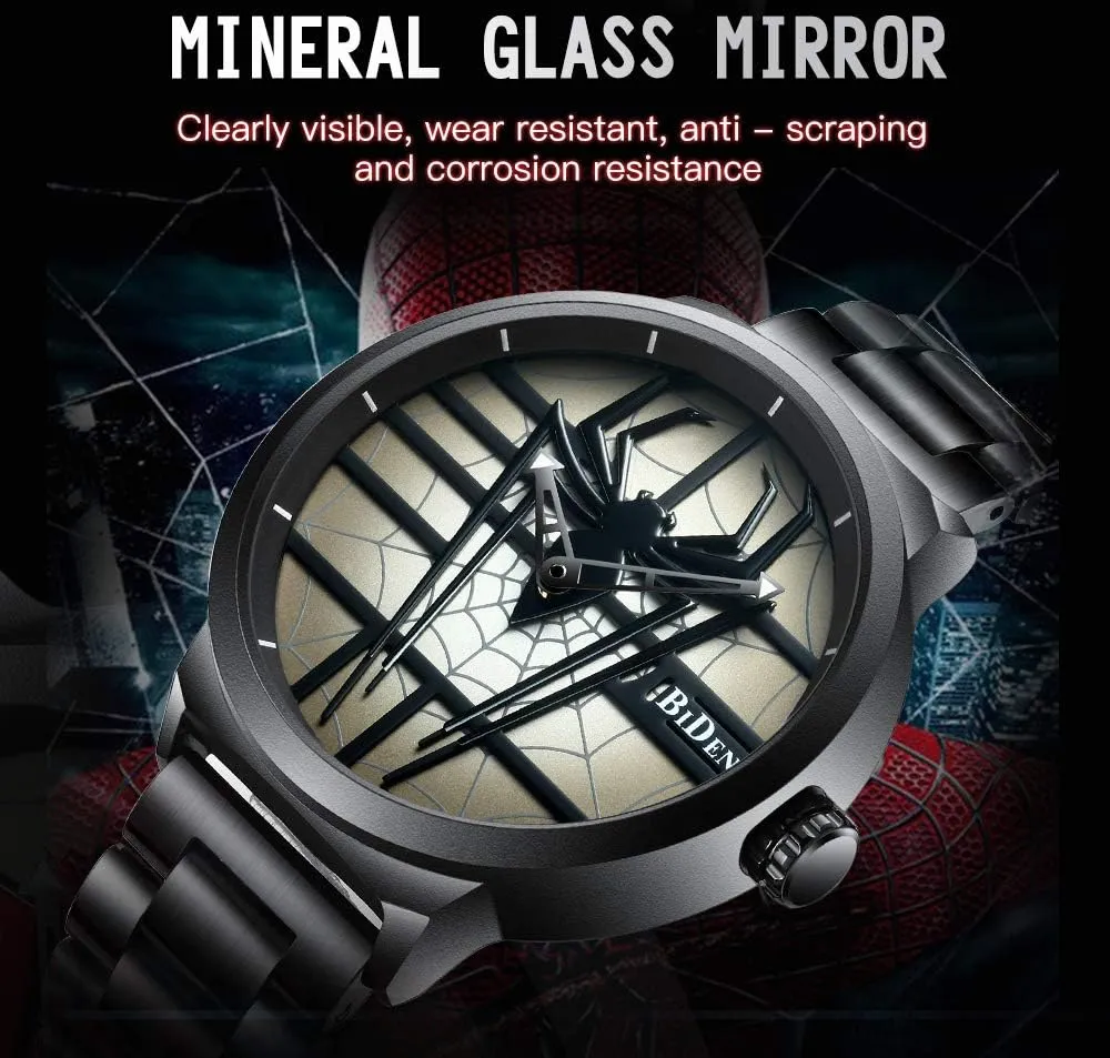 Personality Spider Full descent sew neglect Stainless Steel Quartz Hollow Waterproof Cool Casual Wristwatches Men's Fashion Sports Watches 