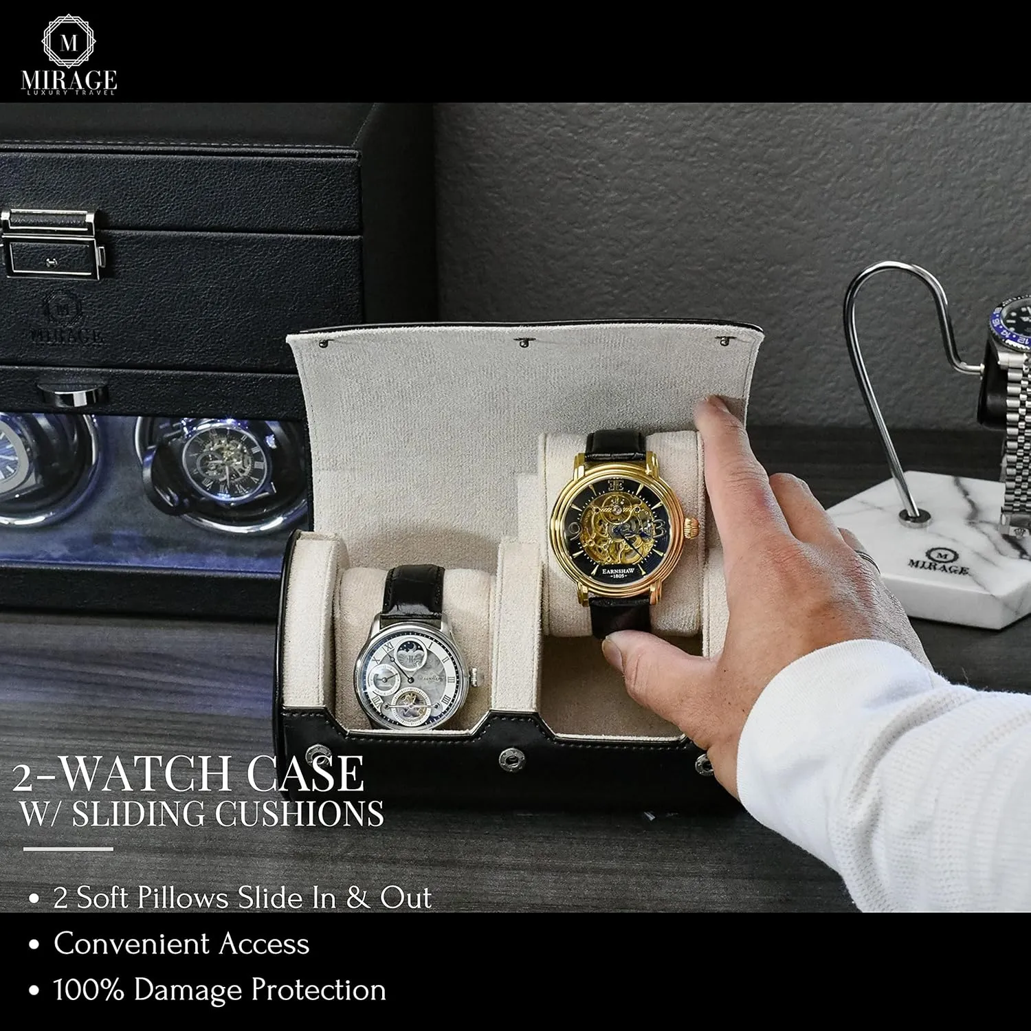 perspicuous spin aptly Roll - Jade Black/Ivory White Vegan Leather 2 Watches Travel Case for Men - Mirage Watch 