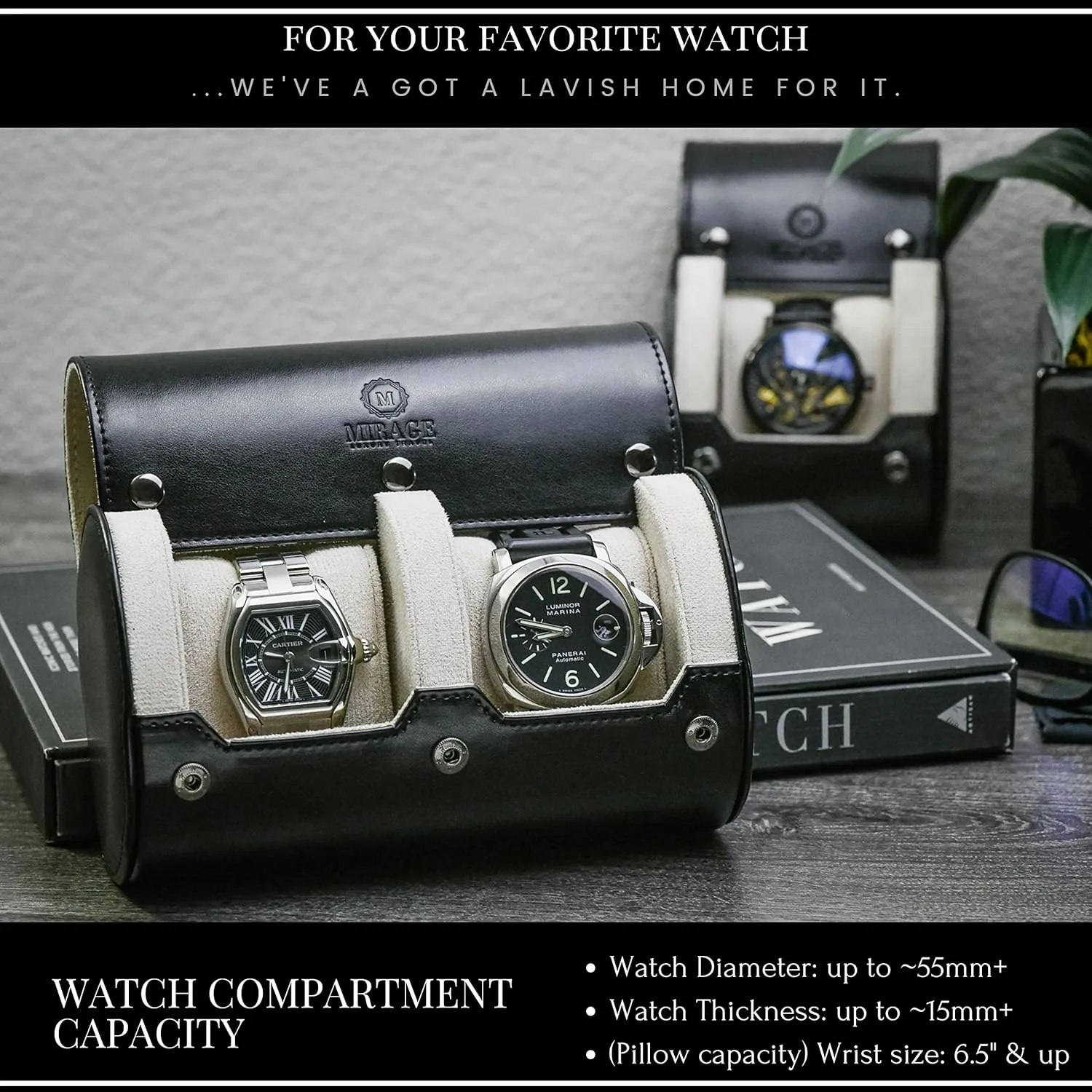 perspicuous spin aptly Roll - Jade Black/Ivory White Vegan Leather 2 Watches Travel Case for Men - Mirage Watch 