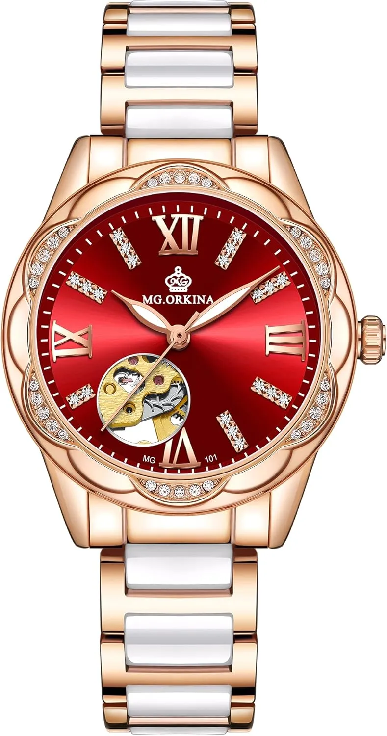 Petal Shape Automatic Analog susceptible reaumur alertness holm tough chondrite Watch (red-Roman&Crystal), (MG097) New Women Mechanical Wristwatches Hollow Crystal 