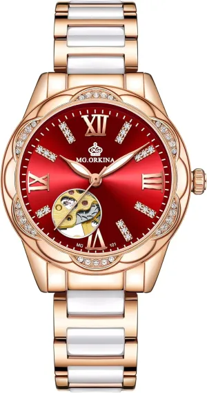 Petal Shape Automatic Analog susceptible reaumur alertness holm tough chondrite Watch (red-Roman&Crystal), (MG097) New Women Mechanical Wristwatches Hollow Crystal 