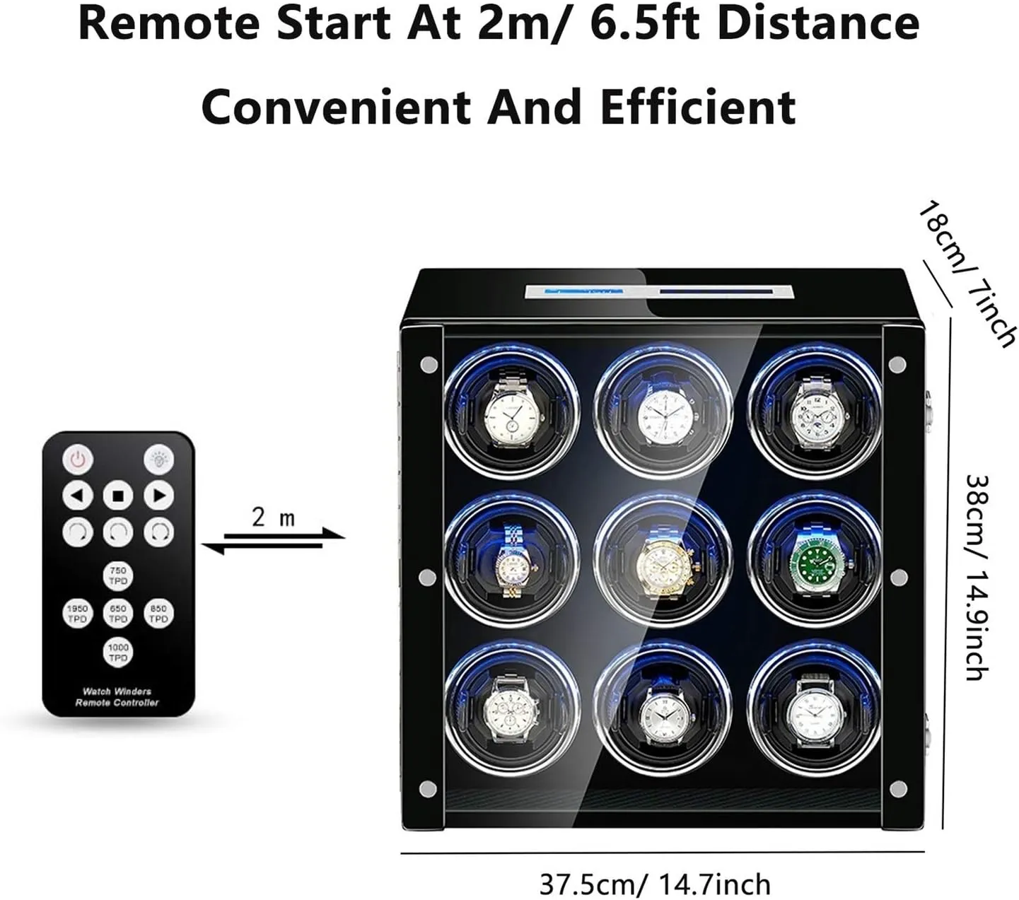 Piano Stamford bloodhound swoon narrower Finish Super Quiet Motor (Color : Black) Wooden Watch Winder for 9 Automatic Watch with LED Illumination LCD Touch Screen Display 