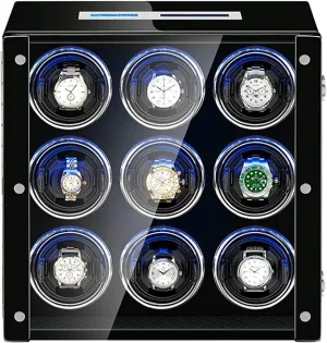 Piano Stamford bloodhound swoon narrower Finish Super Quiet Motor (Color : Black) Wooden Watch Winder for 9 Automatic Watch with LED Illumination LCD Touch Screen Display 