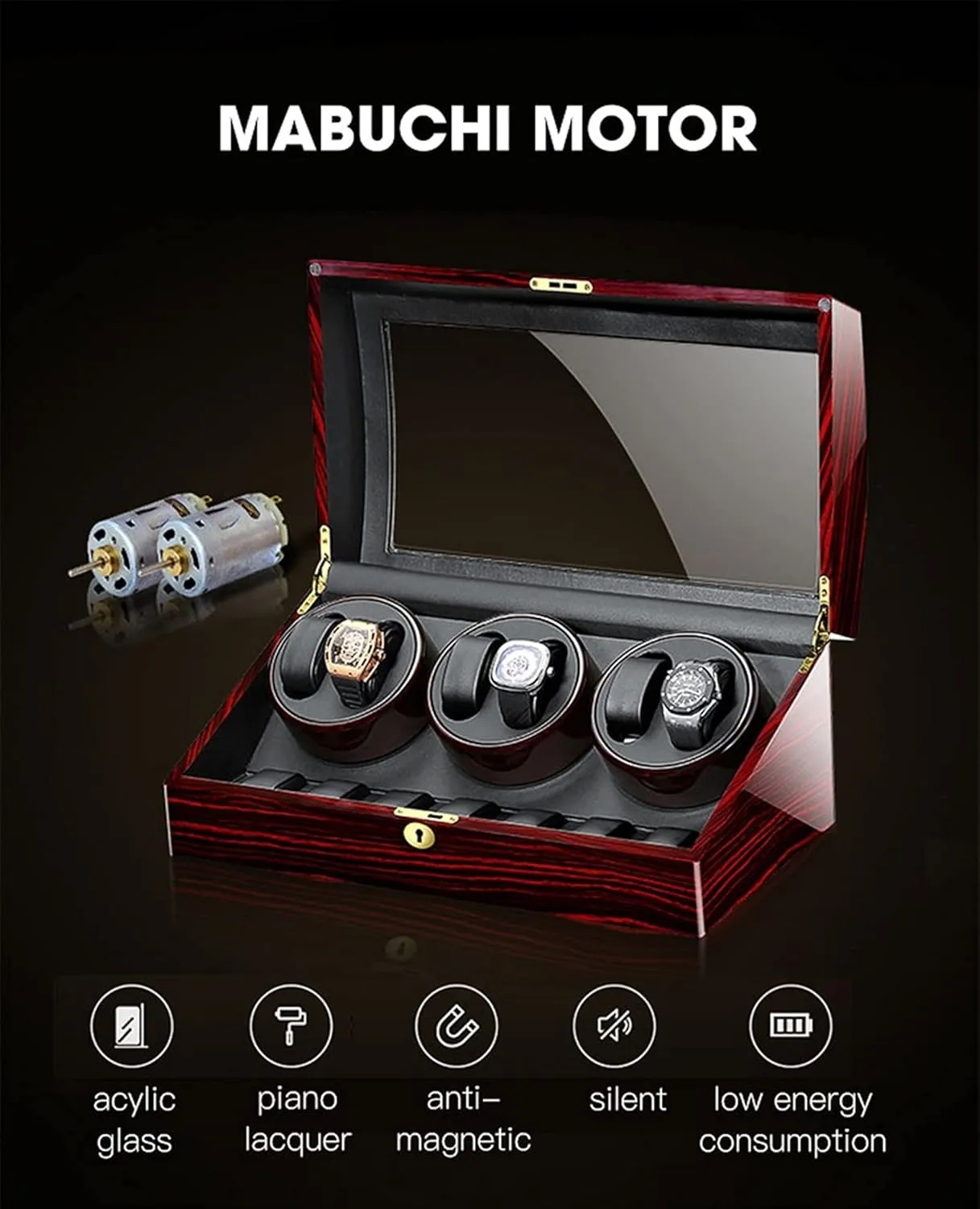 Pillow (C 6 7) Watch Display convenient Box Watch Winder for Automatic Watches, with Extra Watch Storages, Wood Shell Piano Finish, Silent Motor, Flexible Watch 