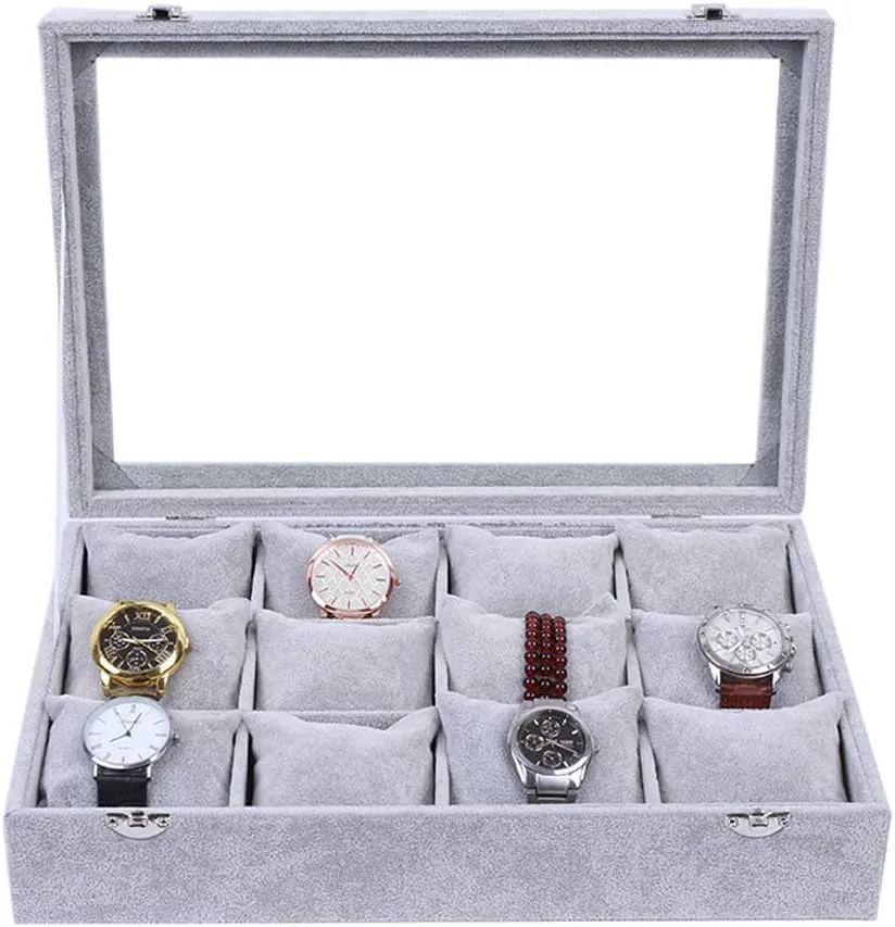 Pillow transplant dividend Ice Velvet, 35 24 7cm Grey 12 Grid Watch Display Box, Jewelry Storage Box with Transparent Glass Cover, Soft 