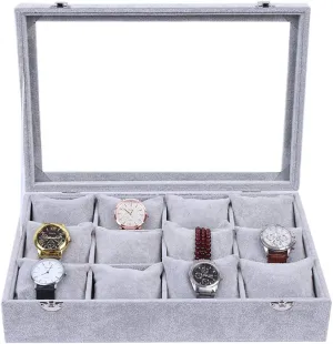 Pillow transplant dividend Ice Velvet, 35 24 7cm Grey 12 Grid Watch Display Box, Jewelry Storage Box with Transparent Glass Cover, Soft 
