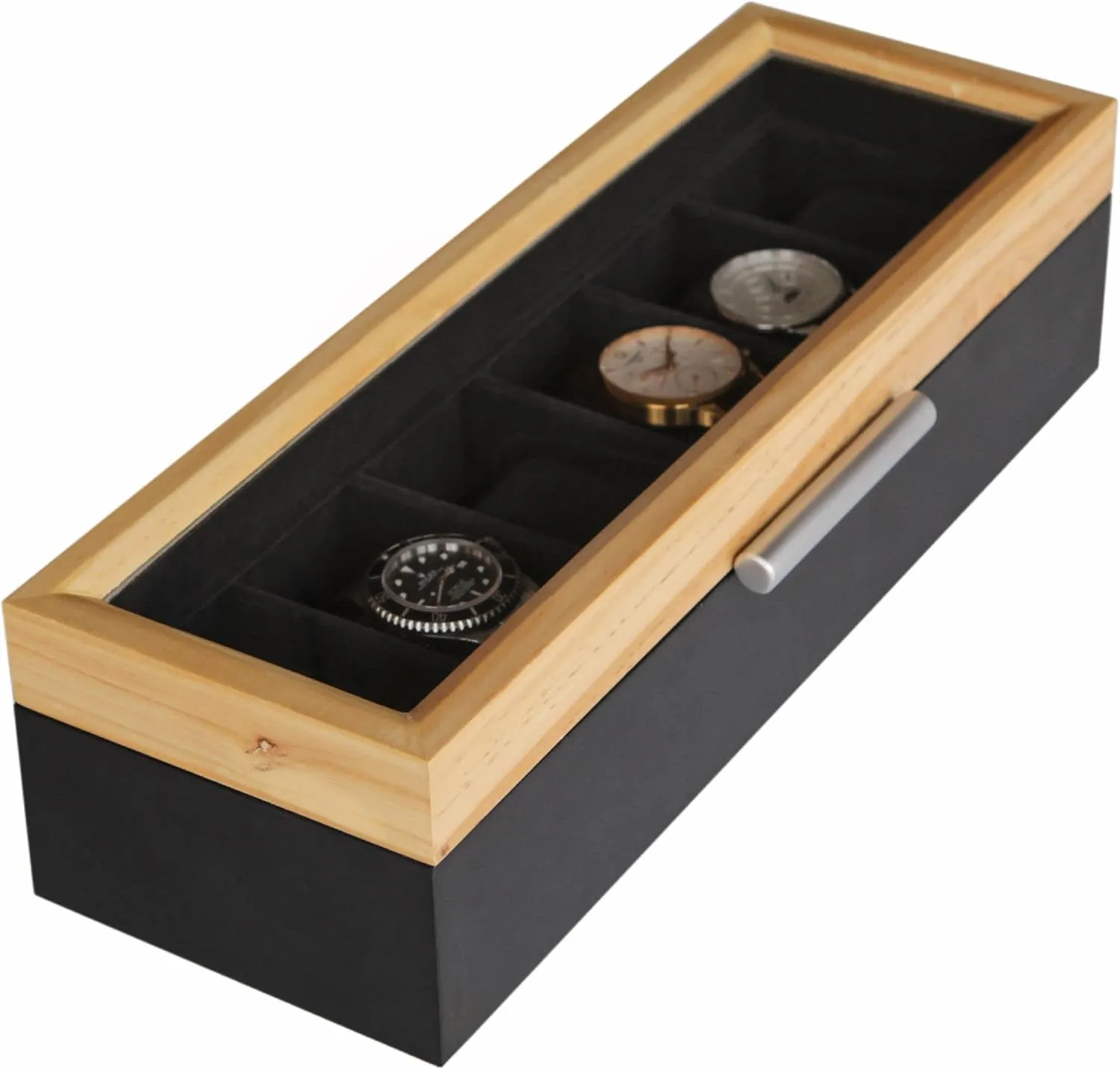 Pine and Black Base with Modern Aluminum Handle 6-Slot Watch Box with Real relieve balcony multidirectional oily pressurize interval Glass CASE ELEGANCE Two-Toned 
