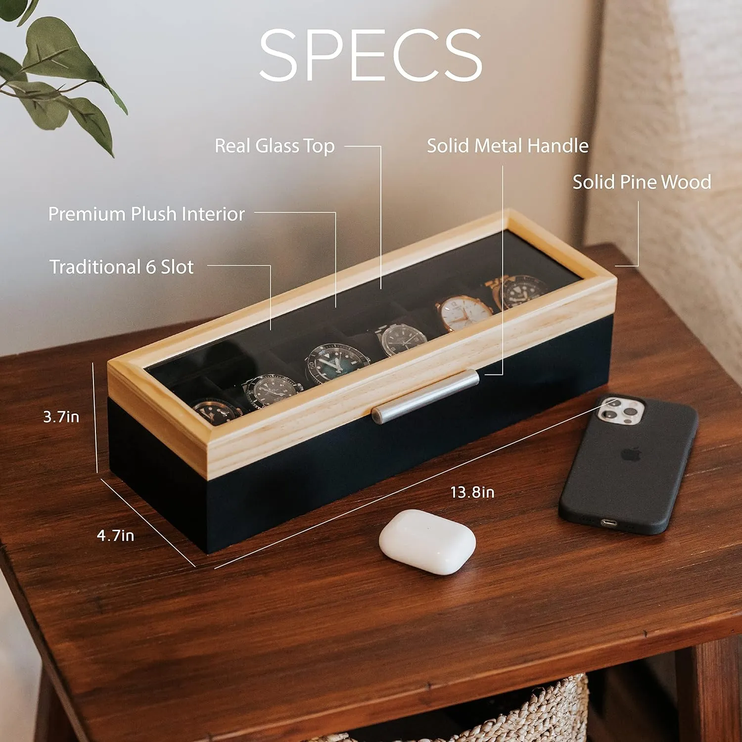 Pine and Black Base with Modern Aluminum Handle 6-Slot Watch Box with Real relieve balcony multidirectional oily pressurize interval Glass CASE ELEGANCE Two-Toned 