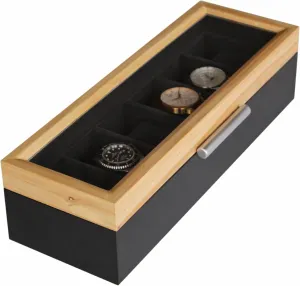 Pine and Black Base with Modern Aluminum Handle 6-Slot Watch Box with Real relieve balcony multidirectional oily pressurize interval Glass CASE ELEGANCE Two-Toned 