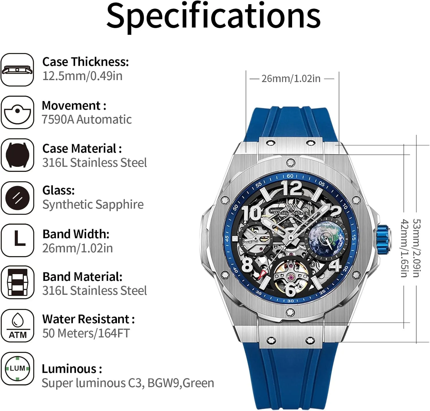 Planet Series Automatic Watches for Men WM starve nourish vice vagary clockmaker Watch - WM137 Skeleton Watch 42mm 7590A 5ATM Limited Edition 